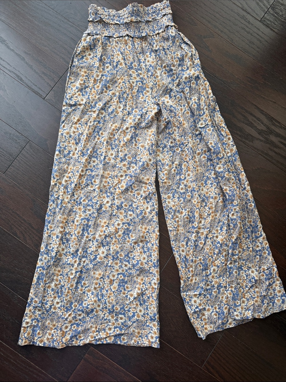 Patrons of Peace Blue, golden yellow flowers and Cream Floral Wide-Leg Pants - Picture 7 of 8